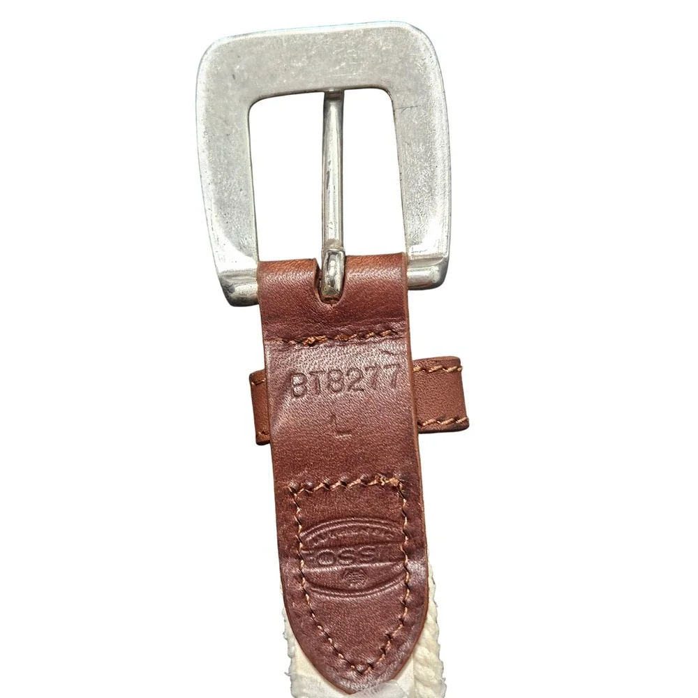 Fossil Women's Braided Cord Belt White Brown Leather Sunflower Concho S M
